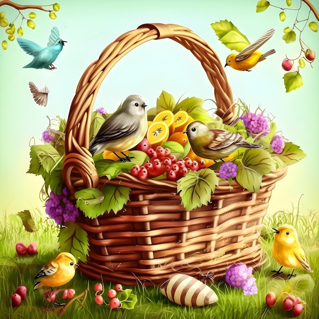 A basket of fruit with birds in it