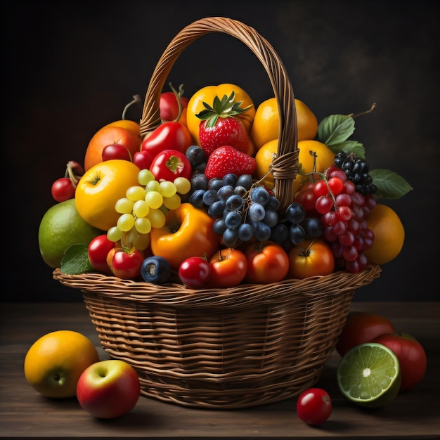 A basket of fruit with a black background and a black background.
