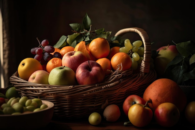 A basket of fruit with a bowl of fruit in the background