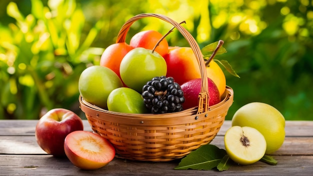 a basket of fruit with a bunch of apples and a blackberries