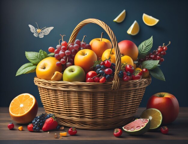 A basket of fruit with a butterfly on the background