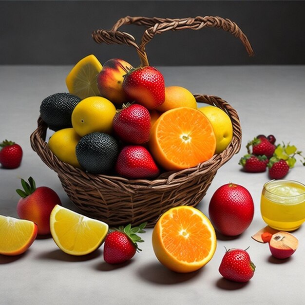 A basket of fruit with different fruits including lemons, oranges, lemons, and other fruit.