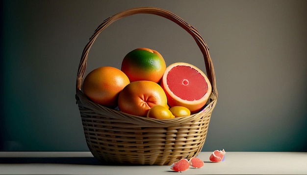 A basket of fruit with a grapefruit in it