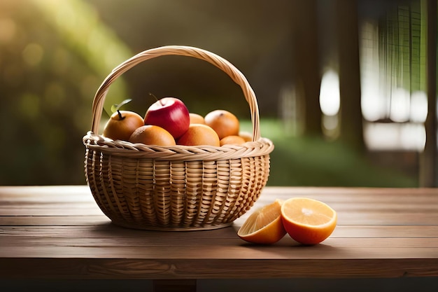 A basket of fruit with an orange on the side