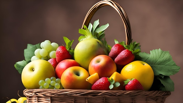 A basket of fruit with a strawberries and grapes