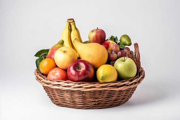 A basket of fruit with a white background