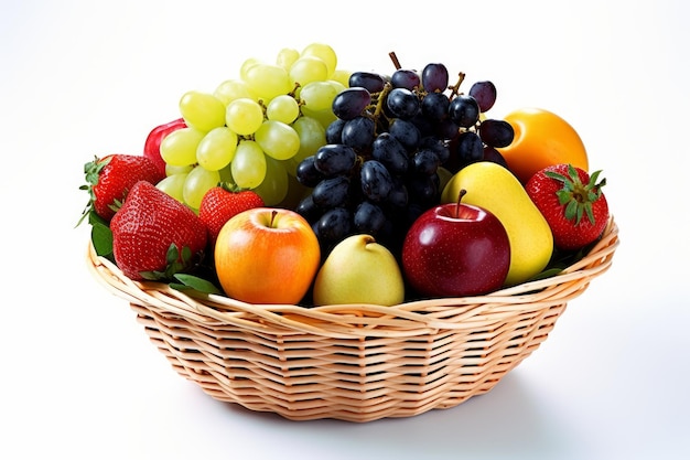 A basket of fruit with a white background