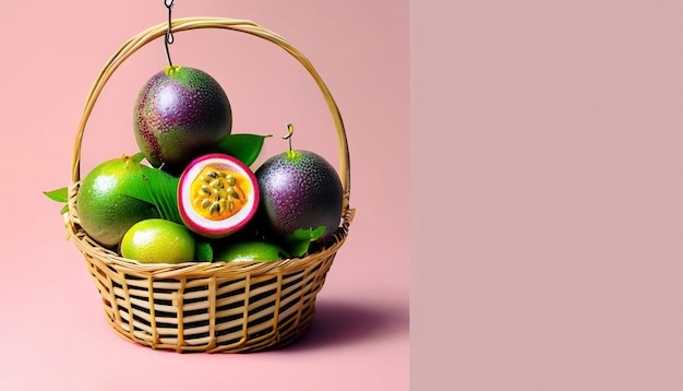 A basket of fruit with the word mango on it