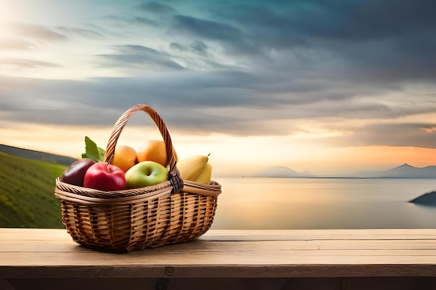 Basket of fruit on a wooden table with a sunset in the background