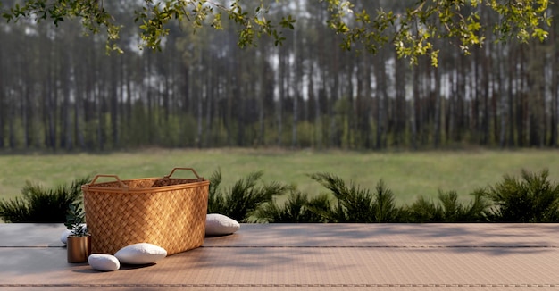 Basket of fruits Panoramic image of wooden table with empty basket sieve pannier background