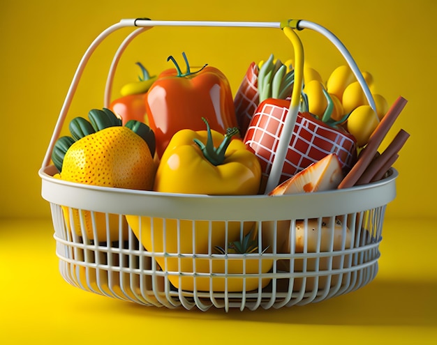 A basket of fruits and vegetables with a yellow background.