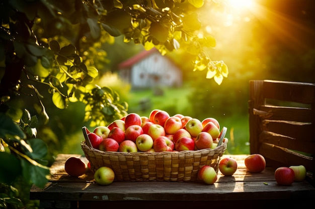 Basket full of apples sitting on table in front of house Generative AI