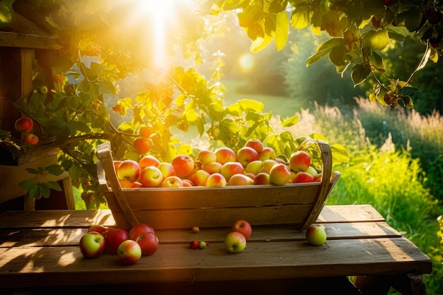 Корзина, полная яблок, сидит на деревянном столе на солнце, сияющем сквозь листву Генеративный ИИ