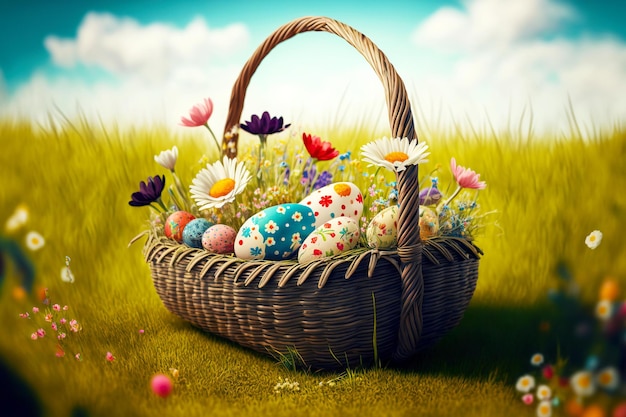 Basket full of beautiful painted easter egg in spring clearing