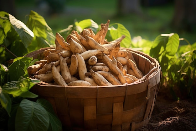 a basket full of cassava