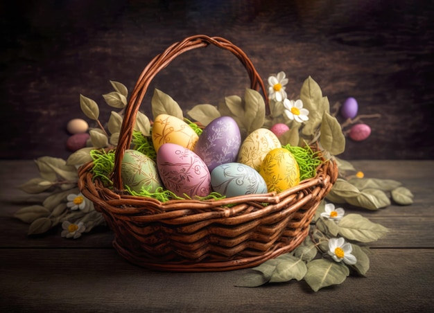 Basket full of colorful easter eggs on a rustic background