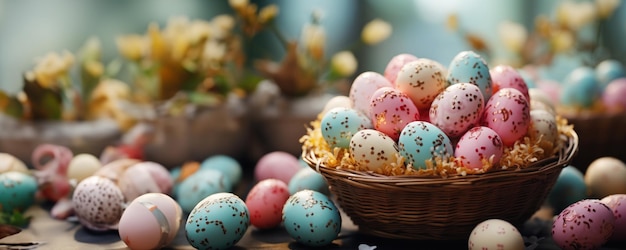 Basket full of colorful painted eggs