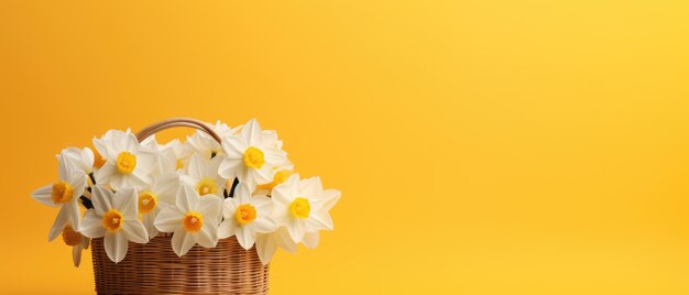 A basket full of daffodils on a yellow wall