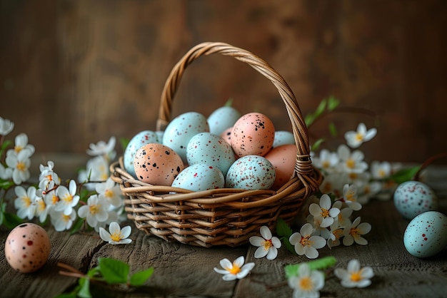 Basket full of Easter eggs and flowers