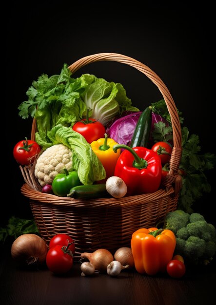 A basket full of fresh vegetables on a black background Generative AI