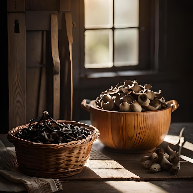 A basket full of freshly foraged black trumpet mushrooms