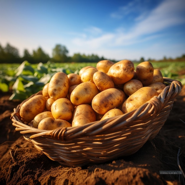 Photo basket full of freshly harvested potatoes in a summer field for social media post size