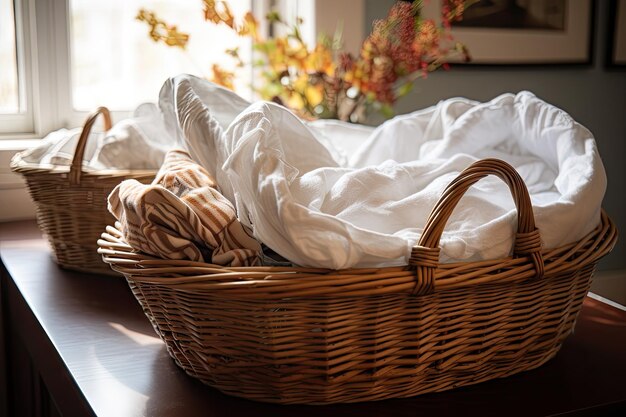 Basket full of freshly laundered linens ready for guests created with generative ai