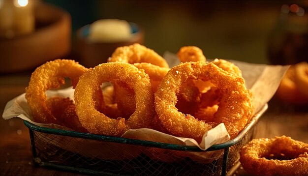 a basket full of fried onion rings with a white napkin