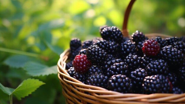 A basket full of juicy blackberries on a dark background
