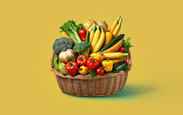 Basket full of vegetables and fruits on isolated background