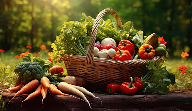 Basket full of vegetables and organic foods bokeh background Generative AI