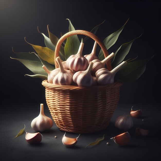 Basket of garlic on black surface with dark background