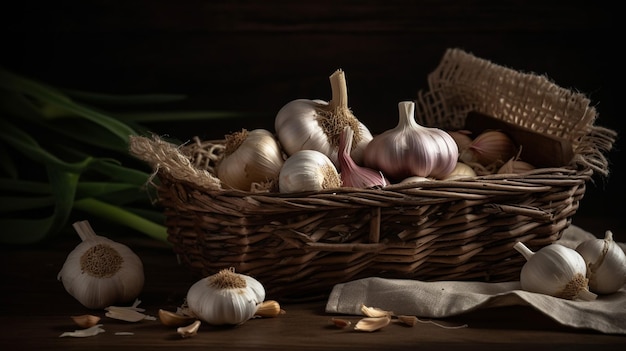 A basket of garlic and garlic on a table