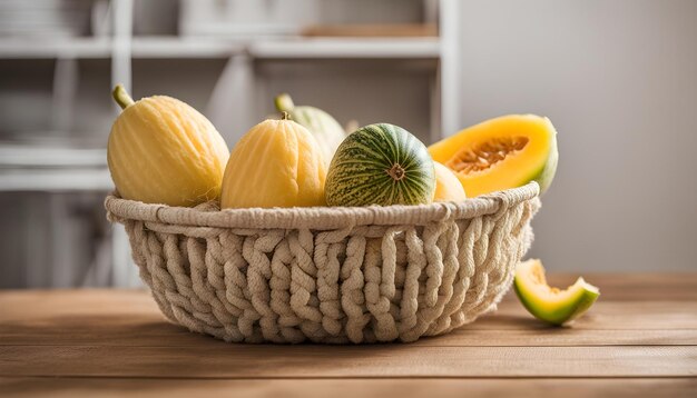 Photo a basket of gourds and gourds on a table