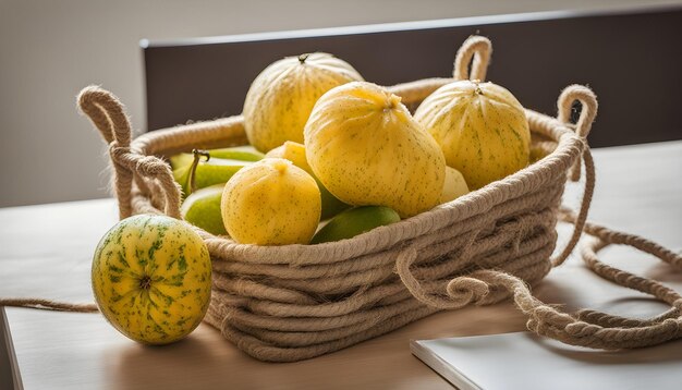 Photo a basket of gourds sits on a table next to a laptop