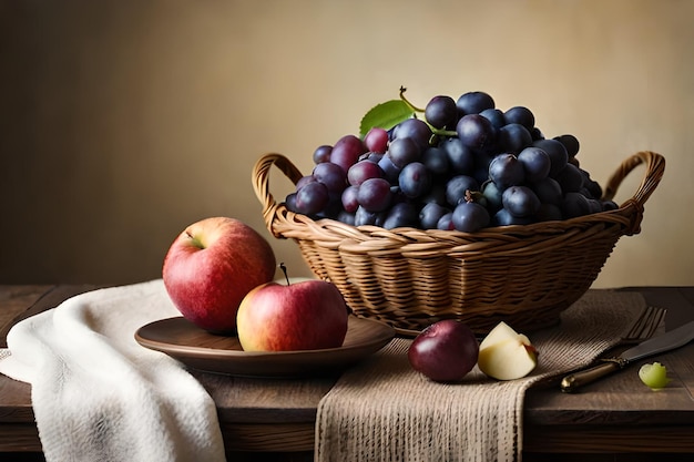 A basket of grapes and apples on a table