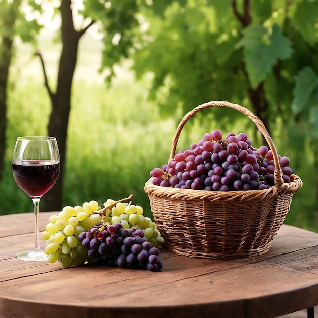 корзина с виноградом и корзинка с виногаром на столе