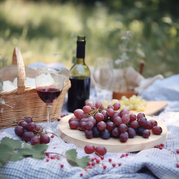 A basket of grapes and a glass of wine sit on a table.