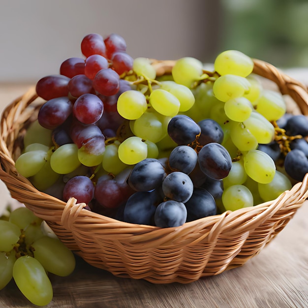 a basket of grapes and grapes on a table