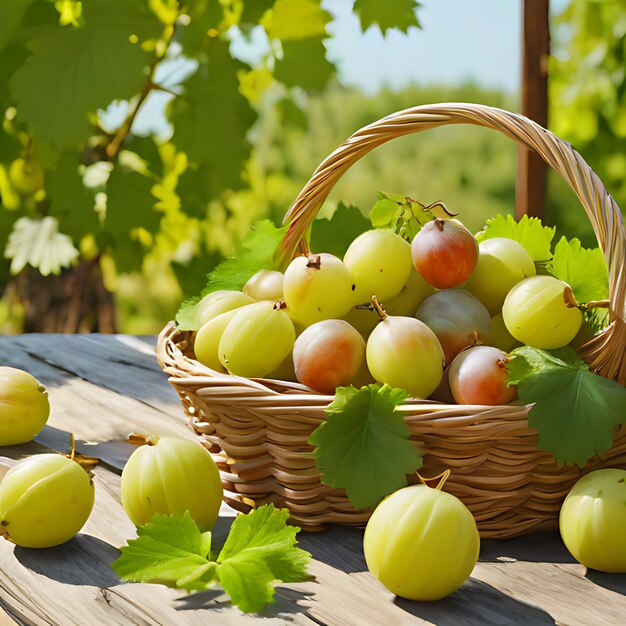 a basket of grapes and grapes on a table