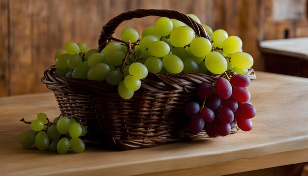 a basket of grapes and grapes with a basket of grapes on a table