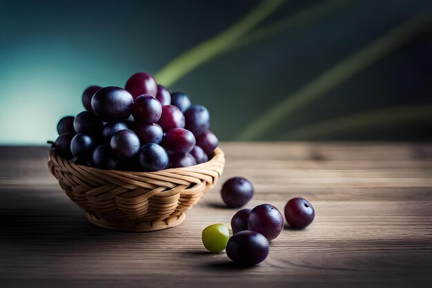 a basket of grapes and a green grape on a table.