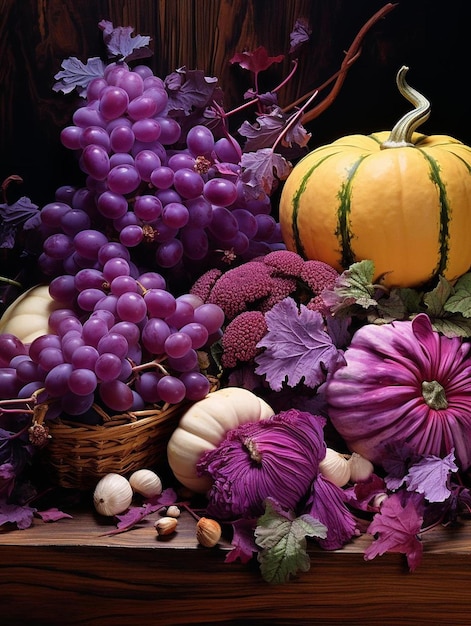 A basket of grapes and a pumpkin with a purple flower.