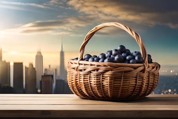 A basket of grapes sits on a table in front of a cityscape.