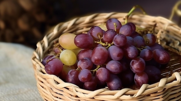 A basket of grapes sits on a table.