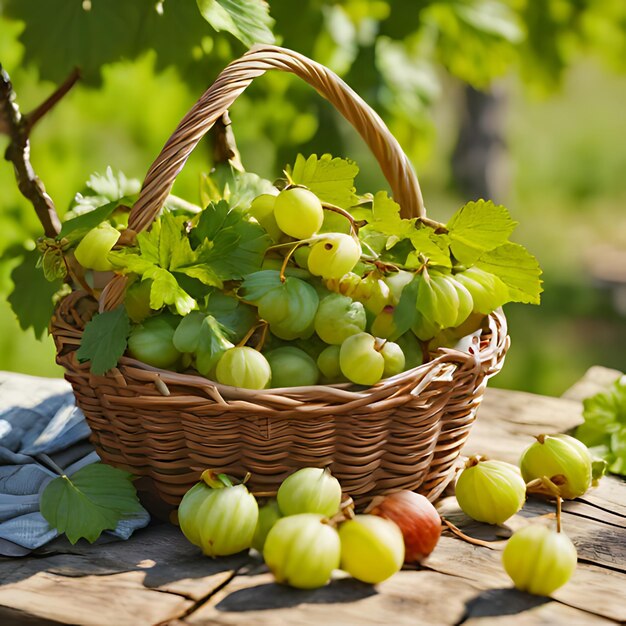 корзина с виноградом и виноград на столе