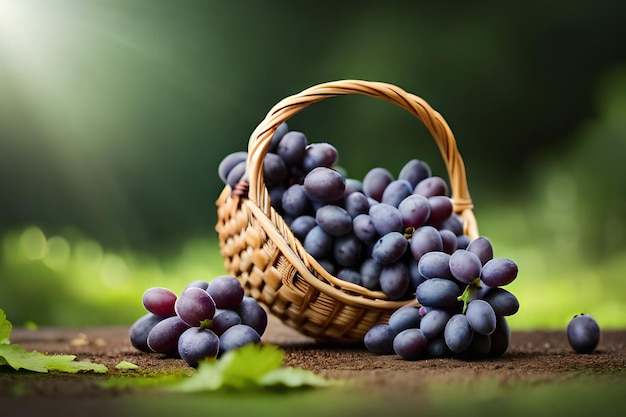 A basket of grapes on a table with a green background