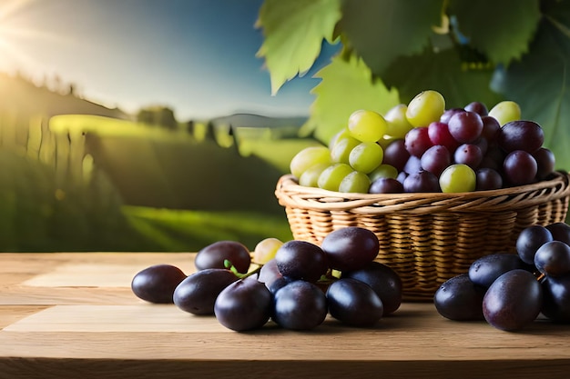 A basket of grapes on a table with a green background