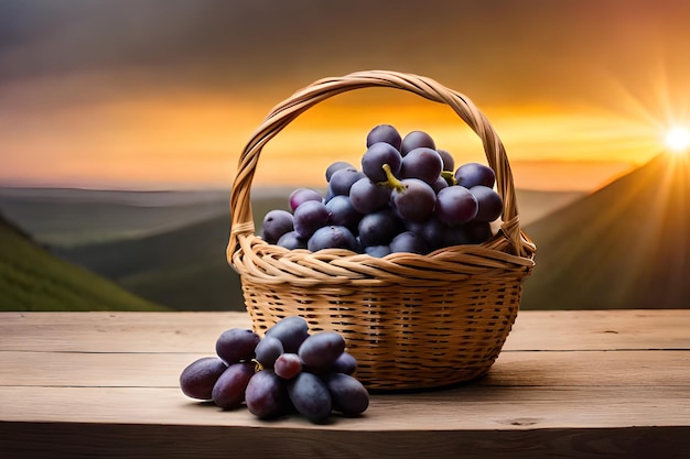 Basket of grapes on a table with a sunset in the background