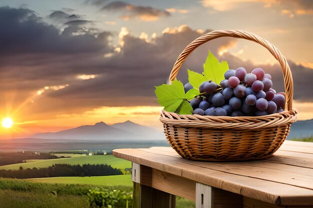 A basket of grapes on a table with a sunset in the background